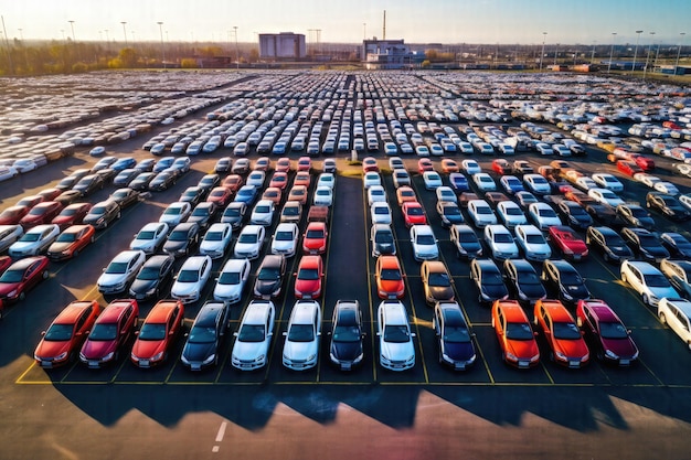 Fesselnder Schnappschuss aus der Luft. Auf dem Parkplatz der Automobile Factory wurde eine exquisite Auswahl an Neuwagen vorgestellt