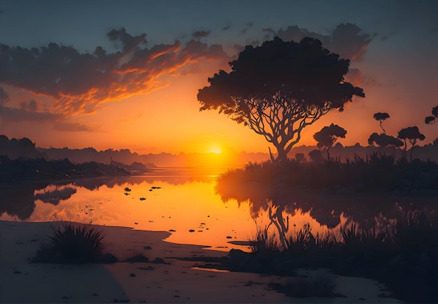 Fesselnder Sonnenuntergang Ein malerischer Fluss mit majestätischen Bäumen