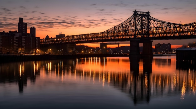 Fesselndes Stadtbild mit beleuchteter Brücke und atemberaubender Spiegelung des abendlichen Sonnenuntergangs am Fluss