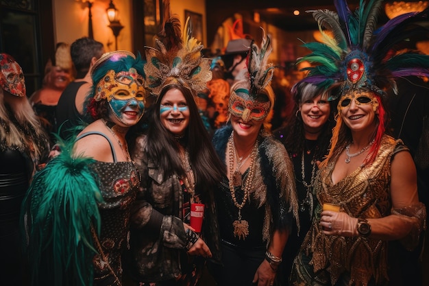 Foto festa a fantasia de carnaval com convidados usando máscaras e roupas estranhas criadas com ia generativa