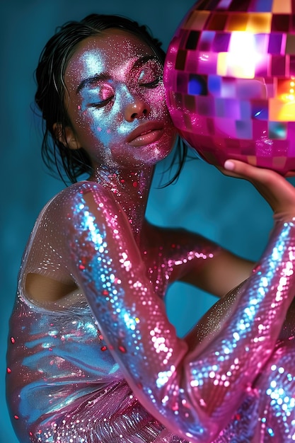 Festa afro mulher com rosto rosa é coberta em fluidos segurando brilhante discoteca bola festa glitter vestido no estilo de futurista sci-fi estética ai gerado retratos hiperrealistas estilo aurorapunk