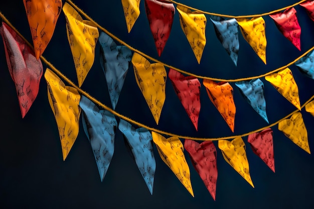 Festa ao ar livre ornamentada com bandeiras de tons laranja, amarelo, marrom e branco em jardim verde em fundo de céu azul Bandeiras triangulares coloridas penduradas decoradas para celebrar a festa de Halloween