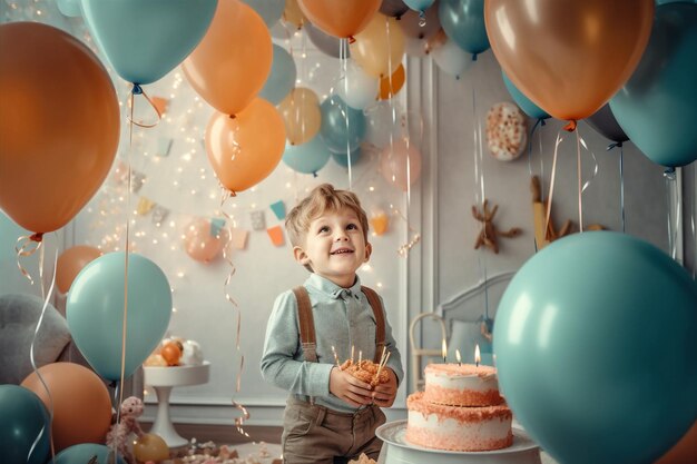 Festa azul criança pequeno balão crianças aniversário bonito infância IA generativa