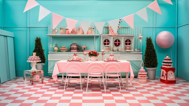 festa com pinktable e balões brancos e bolo