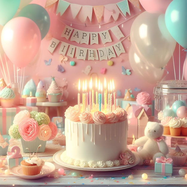Festa de aniversário Balões coloridos fundo bolo de aniversário com velas e caixas de presentes