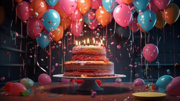 Festa de aniversário com bolo e balões.