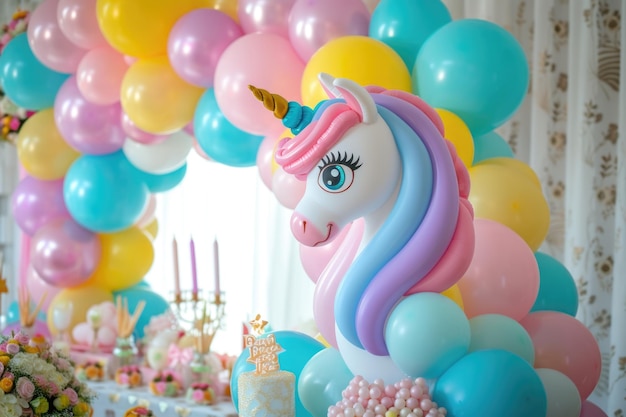 Foto festa de aniversário com temas de arco-íris de unicórnio e meu pequeno pony