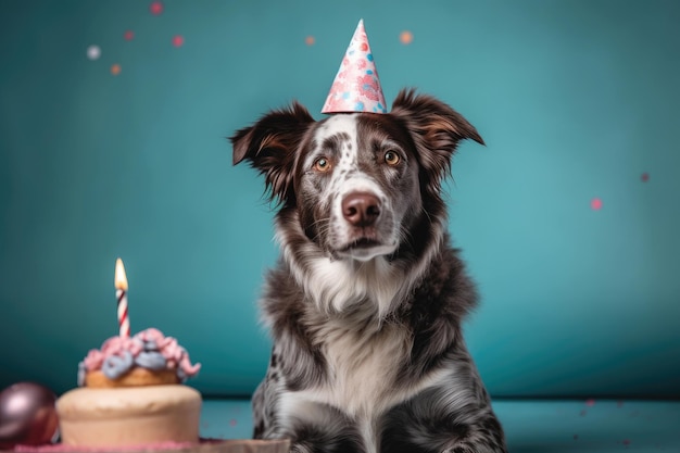 Festa de aniversário de cachorro Um cachorro ao lado de um bolo com velas Espaço para cartão postal para imagem de texto gerada por IA