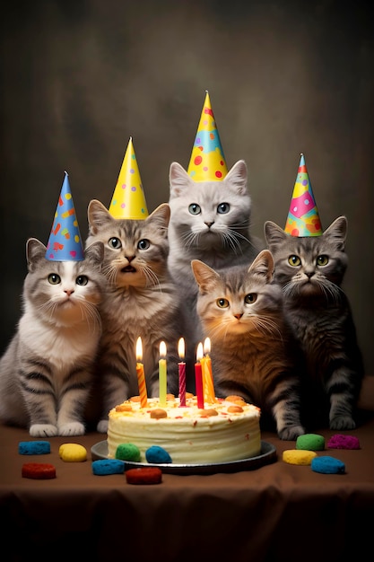 Festa de Aniversário de Gatos com bolo gerado pela IA