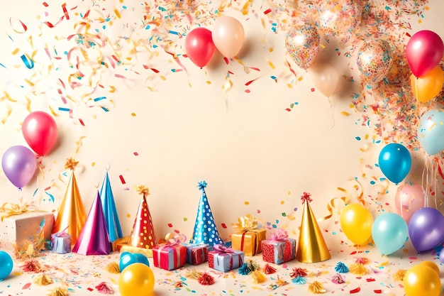 Festa de aniversário embrulhada presentes balões chapéus de festa e decoração em fundo creme claro