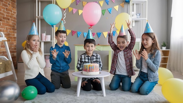 Festa de aniversário engraçada para crianças numa sala decorada crianças felizes com bolo e balões