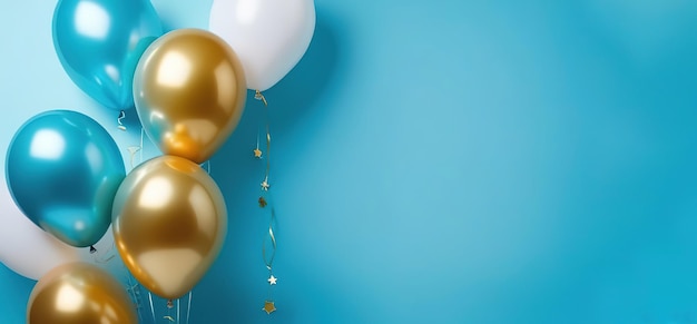 Festa de aniversário fundo azul espaço de celebração para texto brilhante balões de brilho cartão dourado