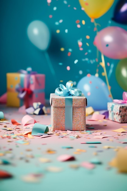 festa de aniversário no estúdio cores pastel Balões de fundo de papel presentes confete espaço para