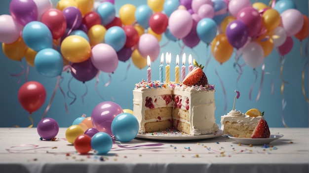 Festa de bolo de feliz aniversário com velas, balões, confetes coloridos