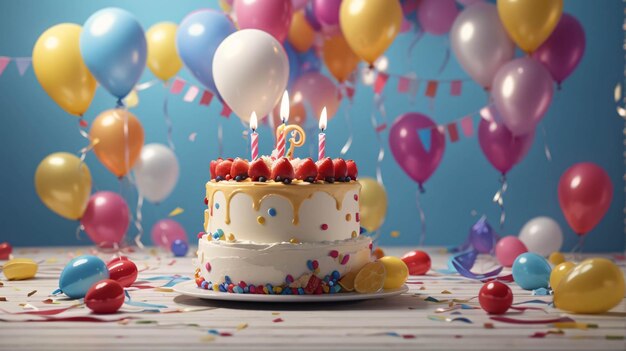 Festa de bolo de feliz aniversário com velas, balões, confetes coloridos