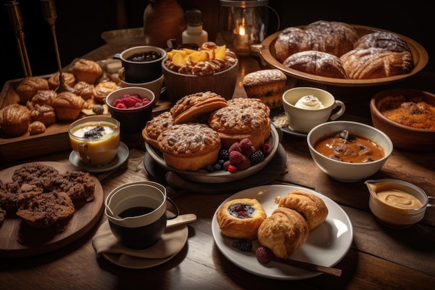 Festa de café da manhã de tortas e muffins com xícara de café criada com ai generativa