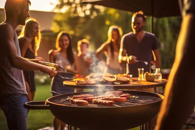 Festa de churrasco de verão em um jardim com carne em uma grelha para churrasco