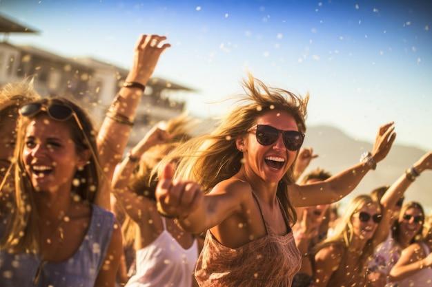 Festa de clube de praia com pessoas dançando e curtindo a música sob o sol quente Generative AI