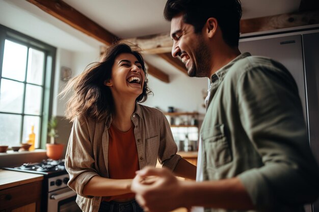 Foto festa de dança da cozinha casal feliz movendo-se alegremente ao ritmo.