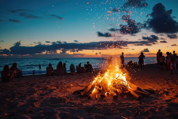Festa de fogueira à beira-mar com amigos à noite