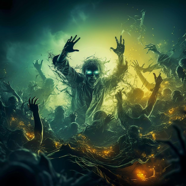 Festa de Halloween assustadora Zombie Rave com IA generativa de vibrações de mortos-vivos