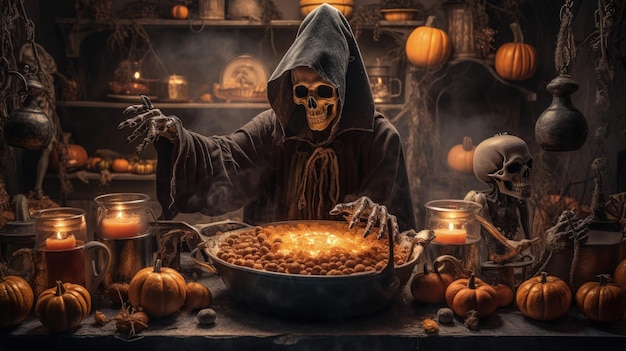 festa de halloween de um esqueleto preparação de jantar macabro em meio a abóboras caveiras Ai Generated