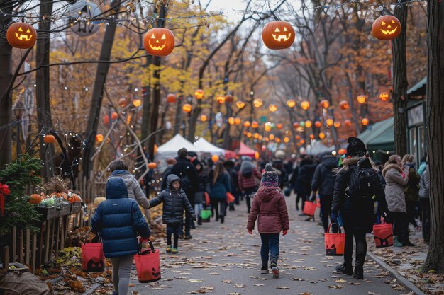 Festa de Halloween em meio à luz Jovens assustam o público Todos se vestem de assustador