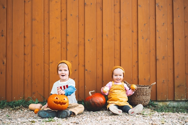 Festa de Halloween para crianças Crianças adoráveis com abóboras no fundo do celeiro de madeira com espaço de cópia