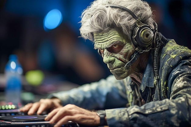 Festa de Halloween Zombie Grooves com DJ morto-vivo girando IA generativa