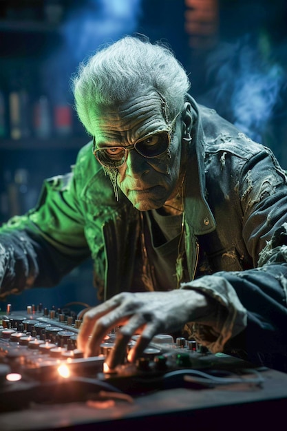 Festa de Halloween Zombie Grooves com DJ morto-vivo girando IA generativa