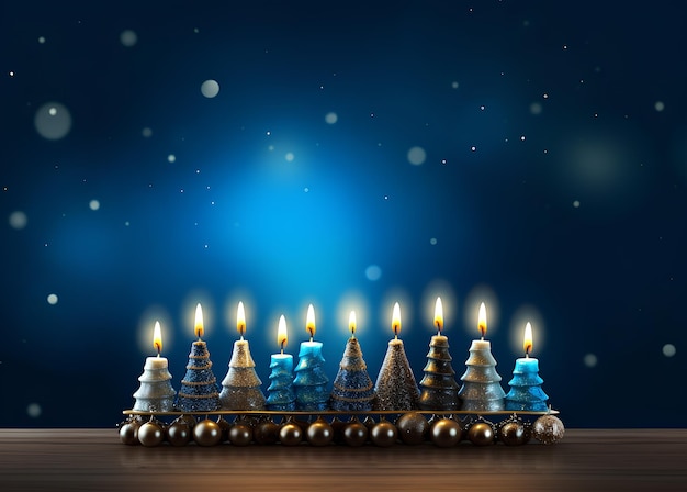 Festa de Hanukkah e hamantashen com menorá e vela fundo azul claro