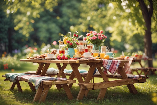 Festa de mesa de piquenique no jardim de verão ai generativa