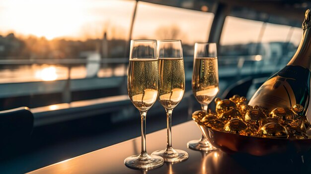Festa de noite de luxo em um iate de cruzeiro com um champanhe em configuração copos de champanhe e garrafas com champanhe com iate bokeh no fundo ninguém AI Generative