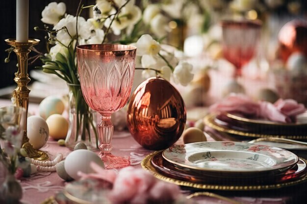 Festa de Páscoa repleta de pratos vazios e copos brilhantes em uma mesa de jantar ricamente decorada