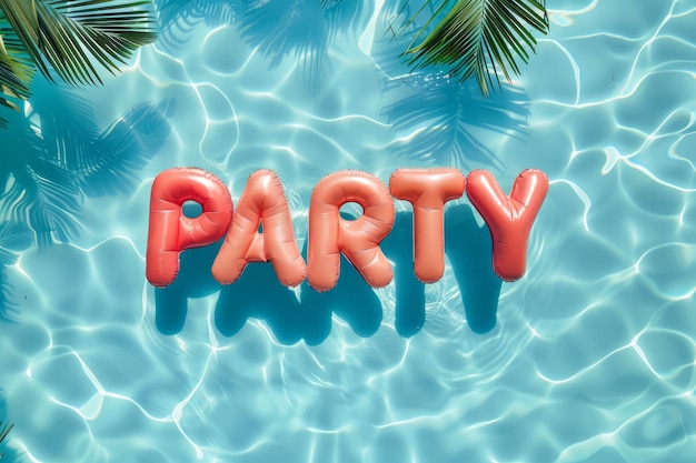 Festa de piscina de verão vista aérea de uma piscina com a palavra festa escrita em flutuadores de piscina