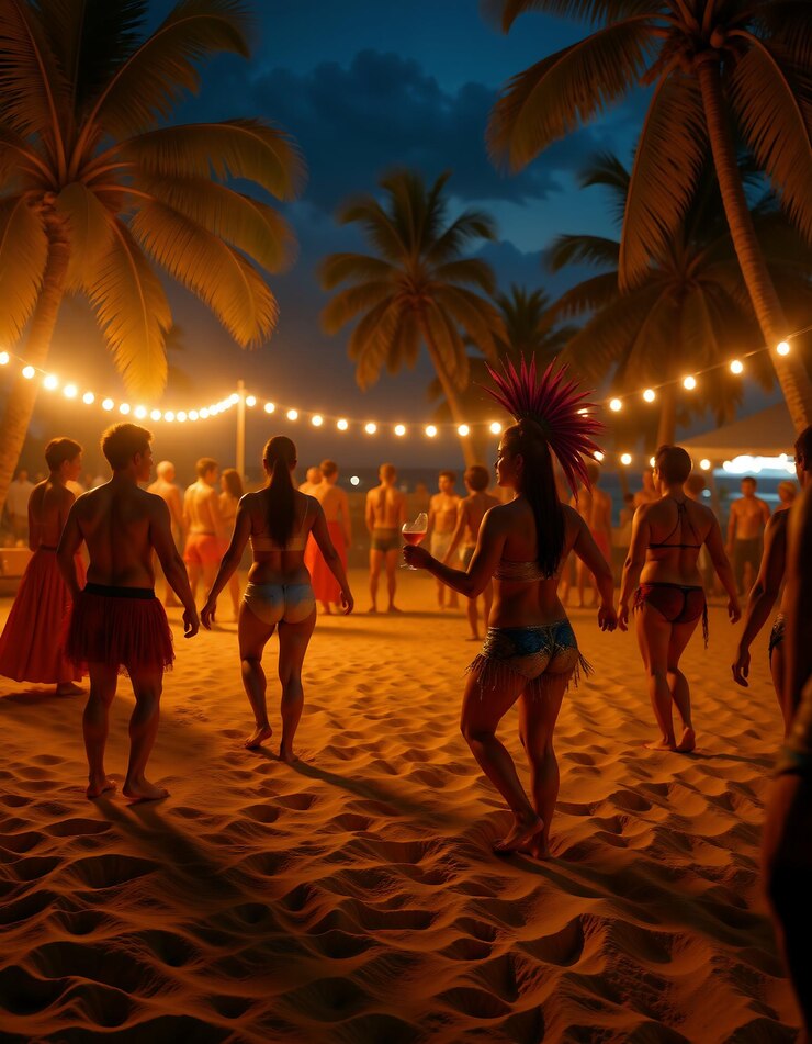 Foto festa de praia noturna tropical com dança tradicional e iluminação festiva