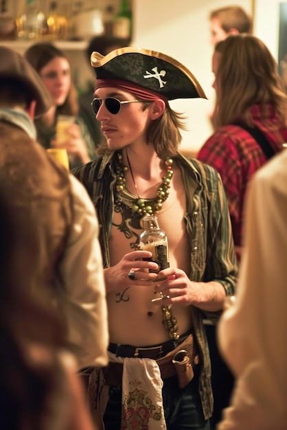 Festa de trajes bebidas e dança Festa de Piratas patches de olhos chapéus de tricórnio e roupas de pirata amigos se envolver