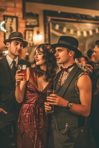 Foto festa de trajes dos anos 20 e 30 flapper vestidos com fedoras e ternos de gangster amigos dançando o charleston um