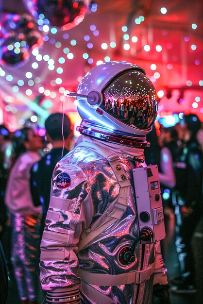 Foto festa de trajes space odyssey trajes futuristas astronautas se misturando sob luzes estreladas bebidas e m