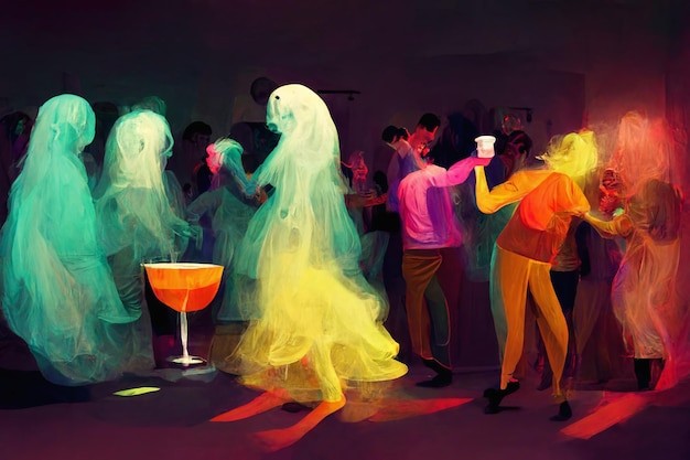 Festa divertida de Halloween com fantasmas e pessoas arte gerada por Ai