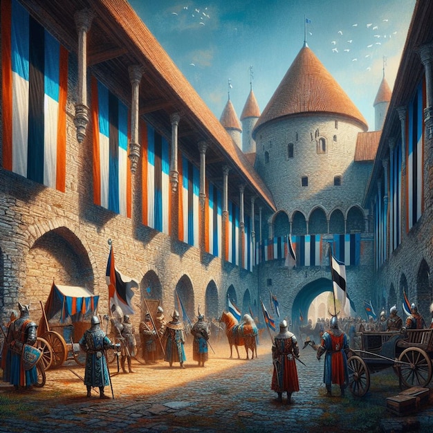 festa do castelo o dia da independência da estónia retratado através de arte digital vibrante num cenário histórico