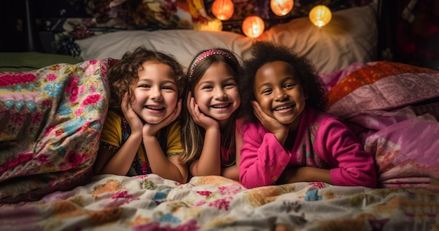 Festa do pijama tradição atemporal da infância Garotinhas relaxando na cama Conceito de festa do pijama Garotas só querem se divertir Convidar amigas para a festa do pijama Melhores amigas para sempre Considere o tema da festa do pijama