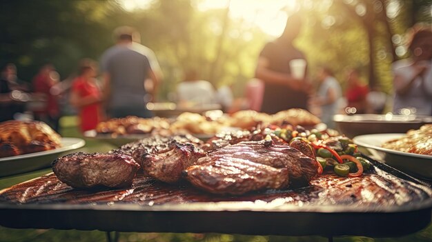 Festa em grupo em família ao ar livre Concentre-se em grelhar comida em jardins públicos espaço para texto