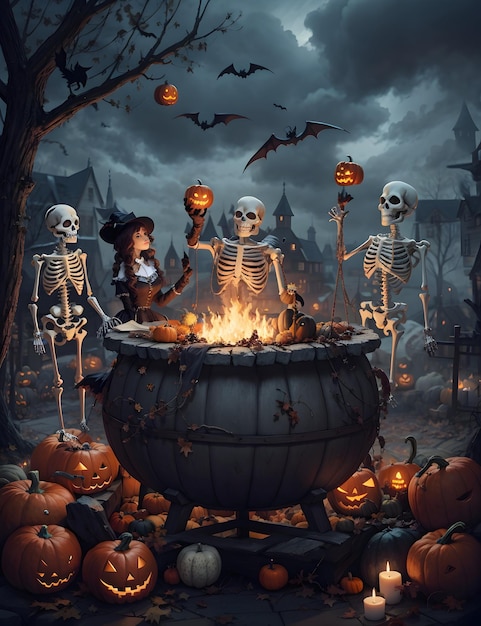 Festa festiva à fantasia com decorações de outono e tradições de Halloween