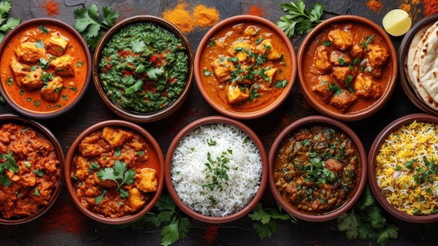 Foto festa indiana de curry relaxa-se em um cenário cultural vibrante com pratos indianos como manteiga, frango, arroz naan em pratos tradicionais de barro