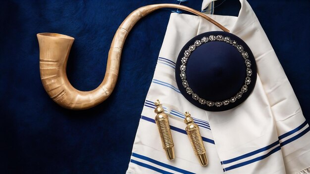 Foto festa judaica com kippah de chifre de shofar e tallit