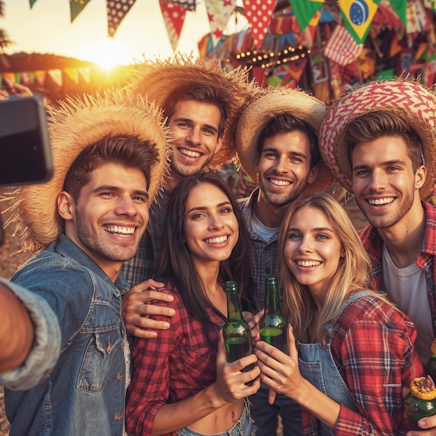 Festa Junina in Brasilien Eine Gruppe von Freunden macht ein von KI generiertes Selfie