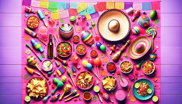 Festa mexicana com decorações coloridas e culinária tradicional