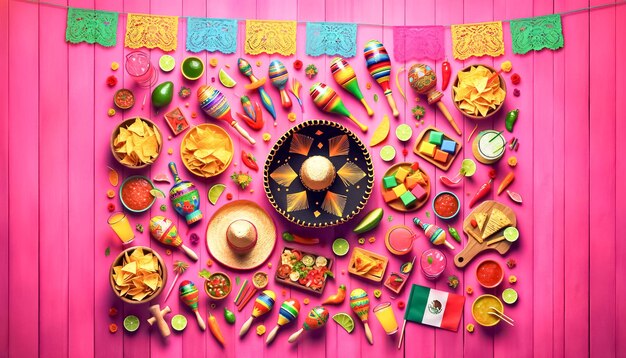 Festa mexicana com decorações coloridas e culinária tradicional