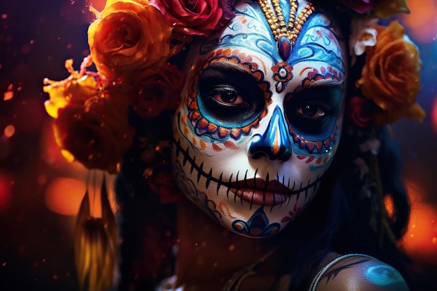 Festa mexicana dos mortos e Halloween Mulher com maquiagem de crânio de açúcar e flores